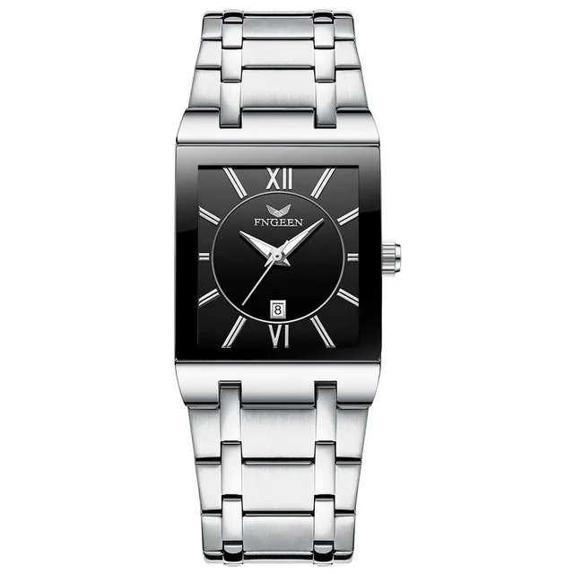 Men's Watch 2022 Simple Fashion Black Face Silver Rectangular Stainless Steel Calendar Waterproof Quartz Watch Relogio Masculino 