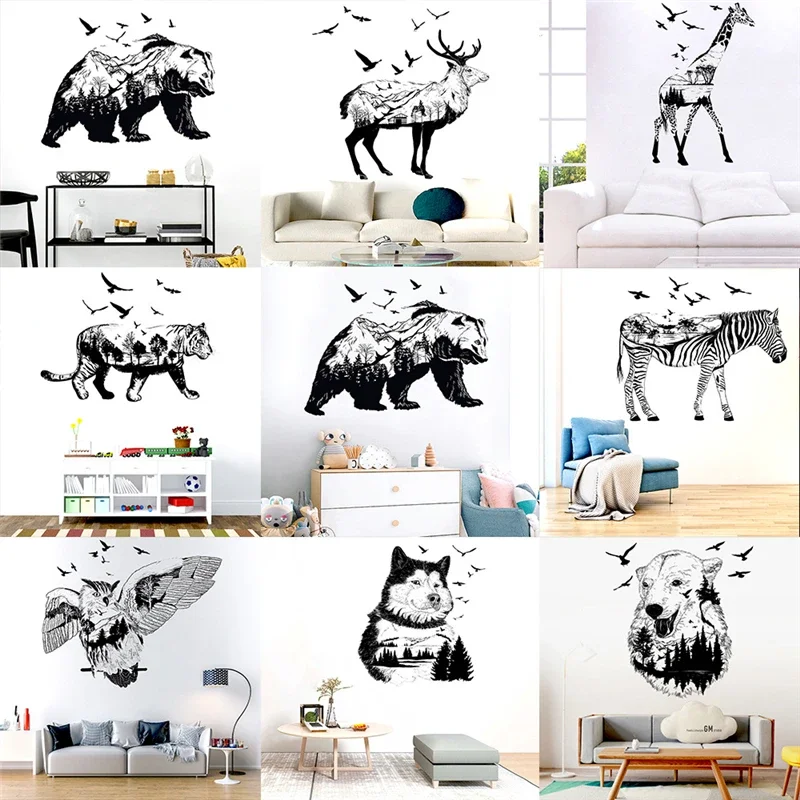 Animal silhouette, elk, spotted eagle, horse, wolf, tiger, giraffe wall sticker, living room, bedroom decoration sticker