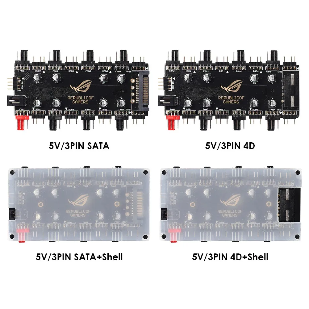 5V/3핀 ARGB 4핀 팬 PWM 허브 1-8 멀티웨이 분배기 (PC 메인보드 LED 스트립 조명 제어 어댑터, SATA/4D 전원 공급)