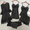Blanc 5 pièces ensemble de sommeil Pyjamas dame dentelle Satin Pyjamas Kimono robe de bain vêtements de nuit amples maison vêtements col en v vêtements de nuit décontractés