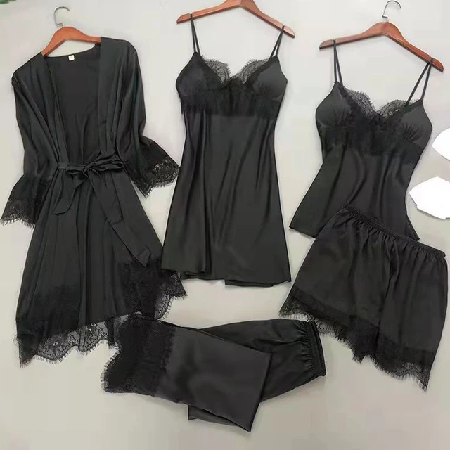 Blanc 5 pièces ensemble de sommeil Pyjamas dame dentelle Satin Pyjamas Kimono robe de bain vêtements de nuit amples maison vêtements col en v vêtements de nuit décontractés
