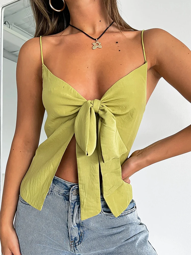 

Sexy V-neck Bow-knot Crop Cami Top for Women Summer Party Club Solid Color Sleeveless Backless Cut Out Tank Top Street Style Y2K