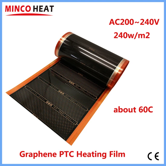 MINCO ความร้อน 240 w/m2 ใหม่ Graphene PTC ฟิล์มความร้อนอินฟราเรด AC200 ~ 240V ประมาณ 60C อุ่นเครื่องทําความร้อน 1
