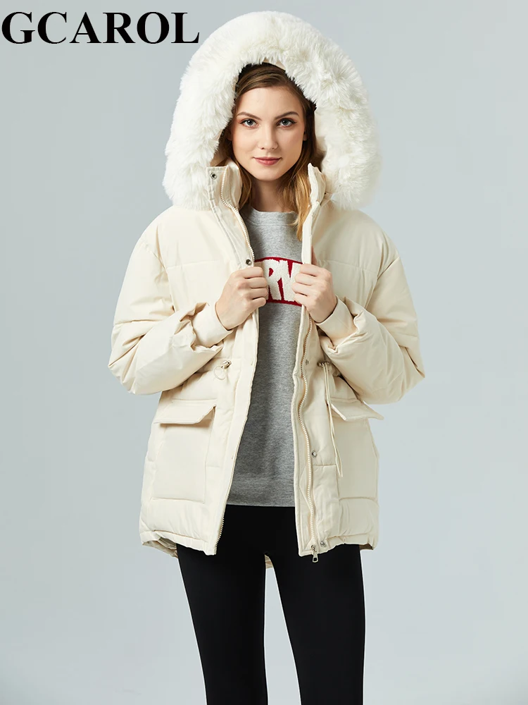 

GCAROL New Winter Women Short Cotton-padded Jacket Slim Drawstring Waist Detachable Faux Fur Hooded Coat Warm Loose Outwear 2XL