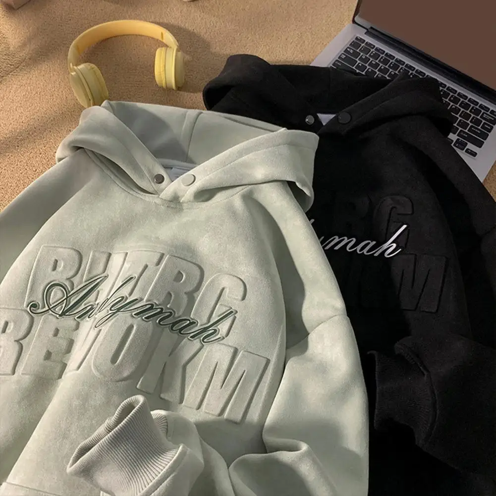 

Men Polyester Hoodie Vintage Patch Pocket Men's Hoodie Warm Stylish Fall/winter Streetwear with Elastic Cuffs Loose Fit Letter