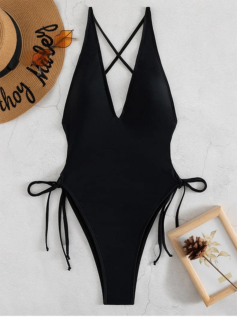Sexy Deep V Neck One Piece Swimsuit Women Solid Yellow White Hollow Out Pleate Swimwear Beach Bandage Bathing Suit Monokini