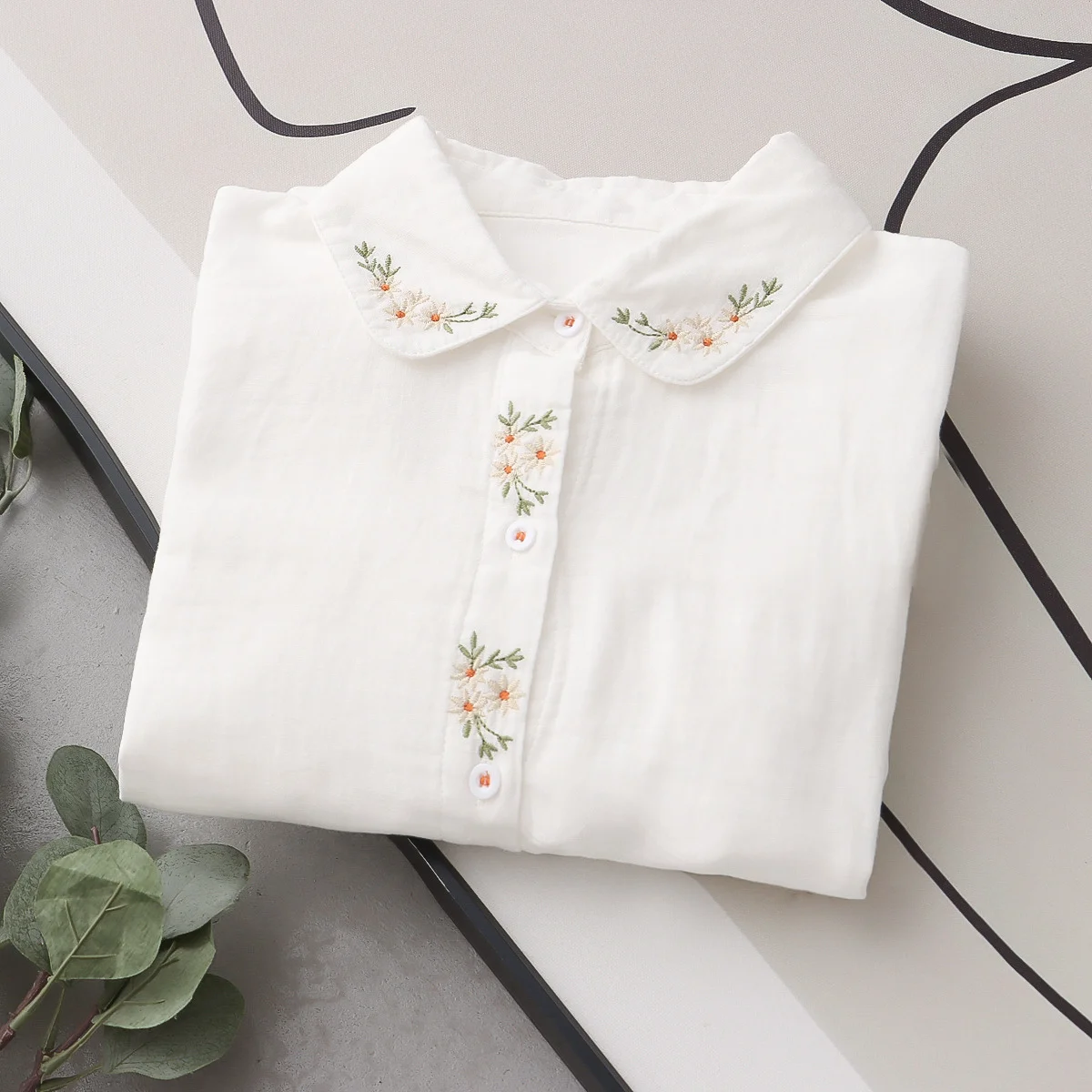 

Autumn 2 Layer Cotton Yarn Blouses Women Japan Style Brief White Embroidery Tops Long Sleeve Loose Casual Shirts Spring