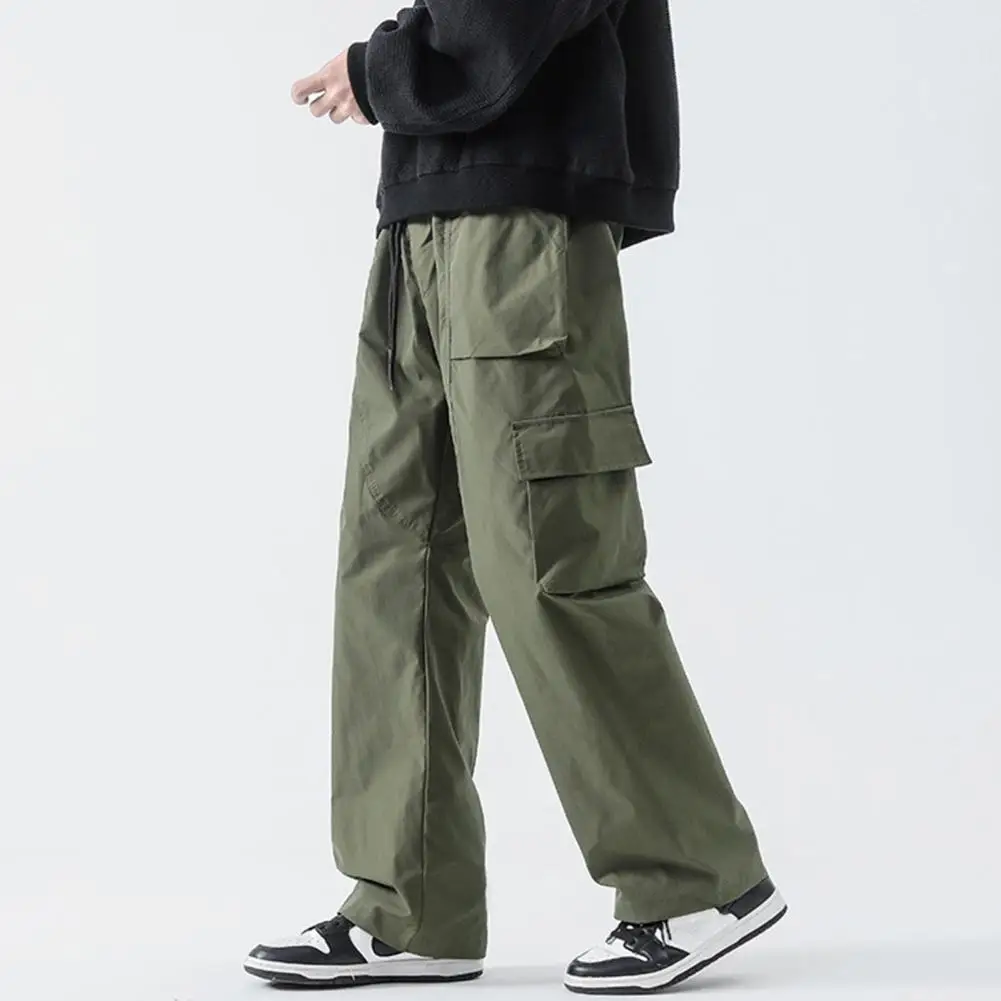 Description Picture 6 of itemMen Overalls Men's Elastic Drawstring Cargo Pants with Pockets Solid Color Straight Wide Leg Trousers for Streetwear Style Cargo