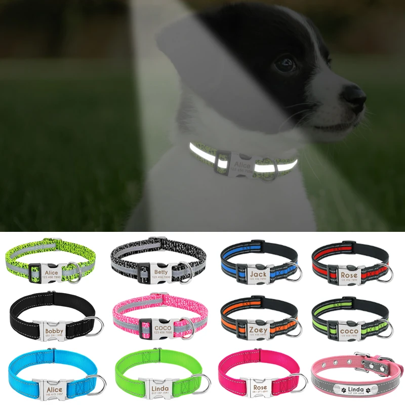 Reflective Dog Collar Personalized Pet Dog Collars Puppy Cat Necklace Engrave Name for Small Medium Large Pets Chihuahua Pitbull