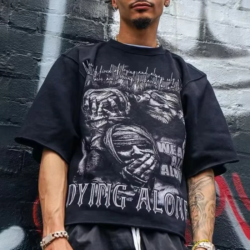 We Are All Alone Abstract Human Face Graphics Printed Cotton T-Shirt Men Y2K Short Sleeves Oversize  vintage t shirt view 3