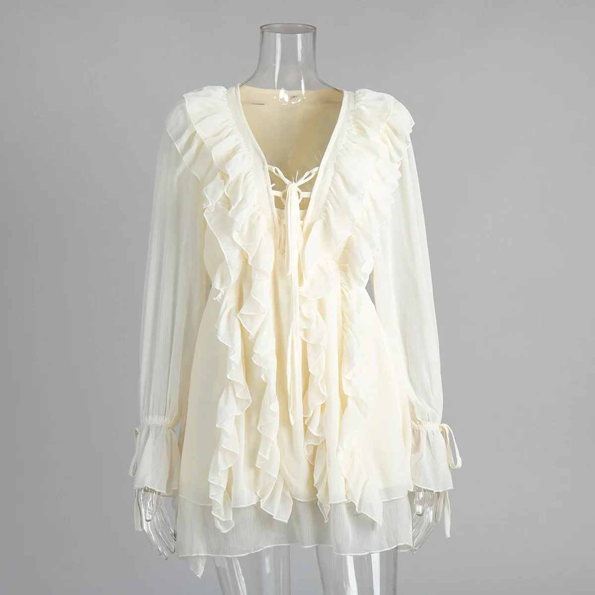 Elegant Chiffon Dress - Womens Spring Deep V Neck Lantern Sleeve Ruffle Tie Waist Skirt