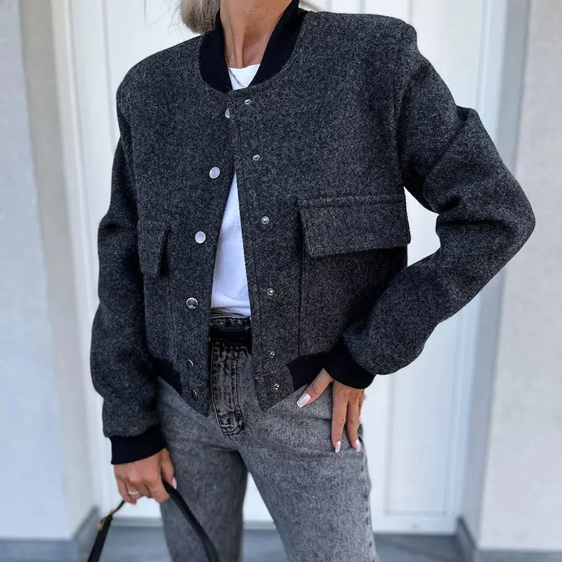 

Autumn Winter Solid Warm Woolen Coats Women Stand Collar Button Baseball Uniform Style Jackets Vintage Long Sleeve Top Outerwear