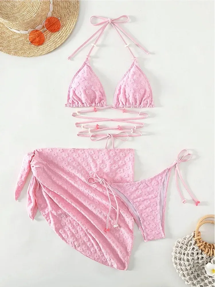 

2024 New 3 Pieces Set Swimsuit Women Thong Swimwear Sexy Bikini Set With Sarong Mesh Skirt Beachwear Bathing Suit Pink Cover Ups