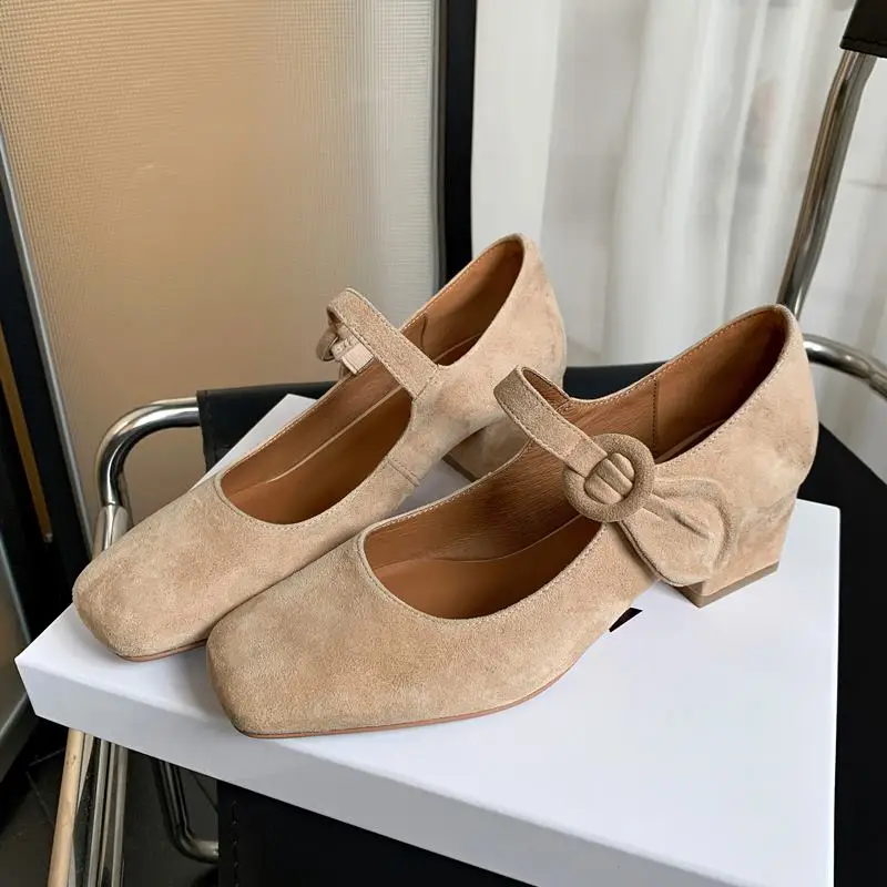 

Sheepskin Genuine Leather Women Heels Shoes Square Toe Commute Fashion Comfortable Spring Thick High Heel Shoes Easy To Walk
