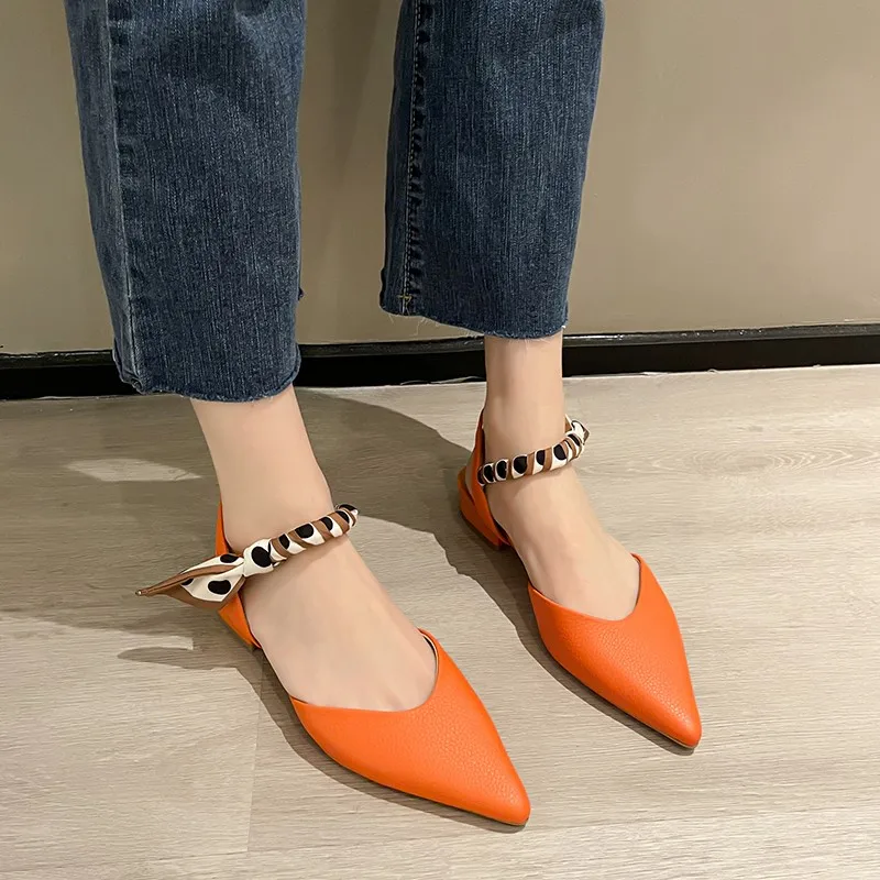 Ankle Strap Orange Flats Shoes Pointed Toe Low Heel Sandals 2023