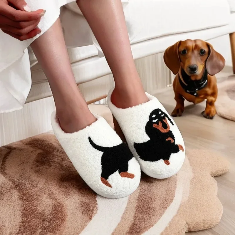 Pet Pattern Dachshund Embroidery Stuffed Slippers Sandals Shoes Home Thick Sole Plaid Furry Cotton Indoor Pet Mom Gift