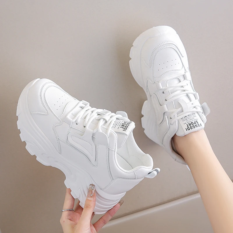 White Platform Women's Sneakers 2024 Spring Lace-Up Thick Bottom Vulcanize Shoes Woman Pu Leather Breathable Sports Shoes Ladies 2