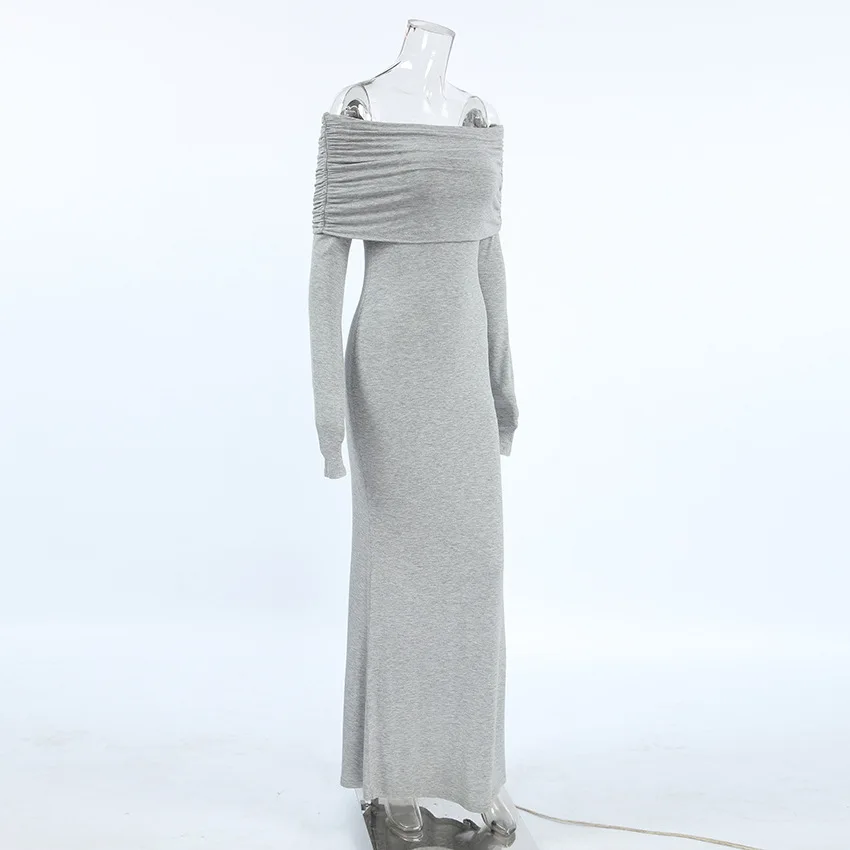 Fashion Autumn Knit Long Dress Women's Off-Shoulder Patchwork Ribbed High Waist Slim Ladies Dress Knitwear Elegant Dress