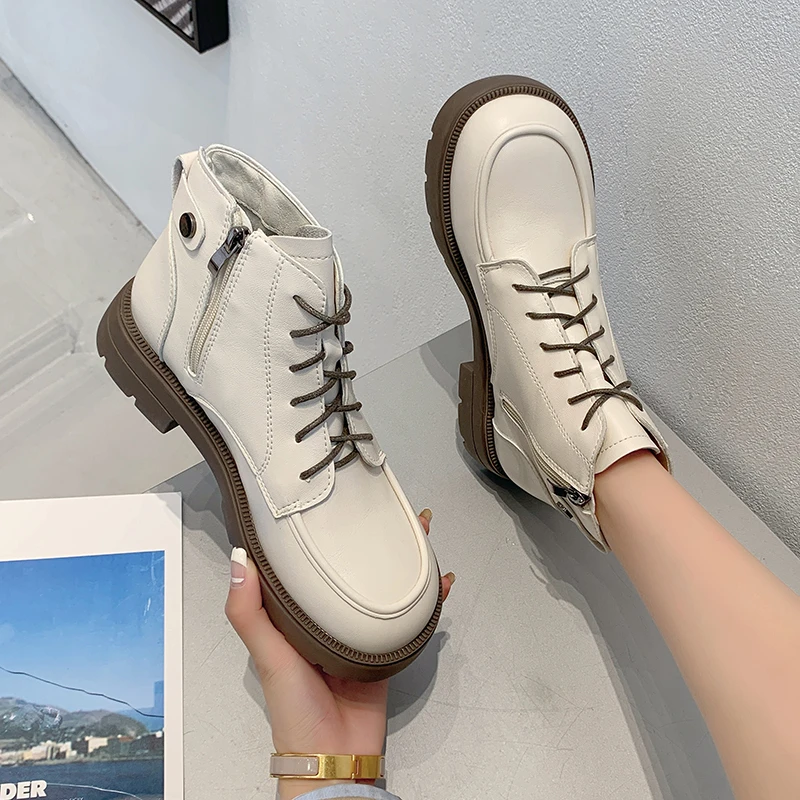 

Женские ботинки на высоком каблуке, повседневные короткие ботинки на платформе, со шнуровкой, круглый носок, на толстом каблуке, Осень-зима