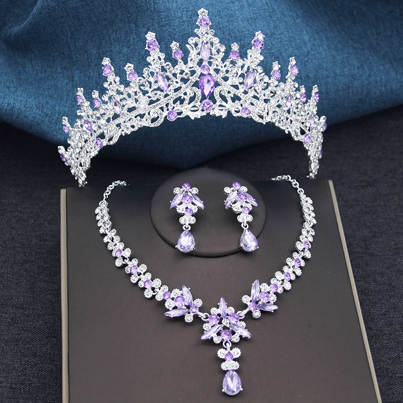 Silver Color Opal Blue Wedding Crown Jewelry sets Tiaras and Earrings necklace set For Women Princess Girls Prom Gifts