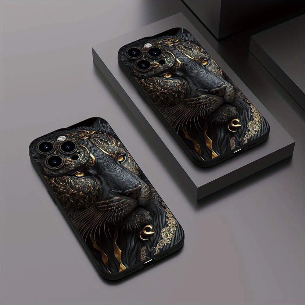 Golden Gilded Black Lion Pattern Phone Case - Luxury Protective Back Cover