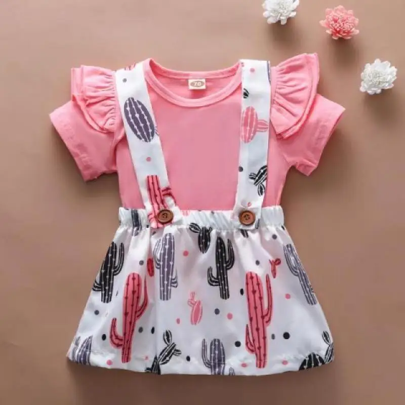 

Children's Clothing for Baby Girl Clothes 2Pcs Lotus Leaf Lace Short Sleeve Top+Print Suspender Skirt Outfits Summer Casual Suit