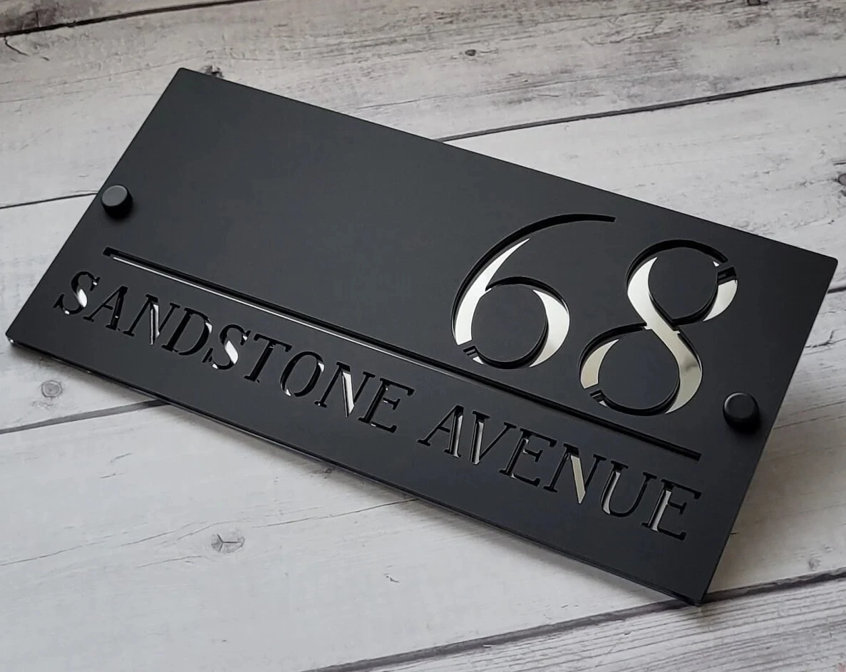 MODERN HOUSE SIGN Rectangle House Door Plaque Black Acrylic Silver Mirror Floating Door Name Plate Customizable Address Sign