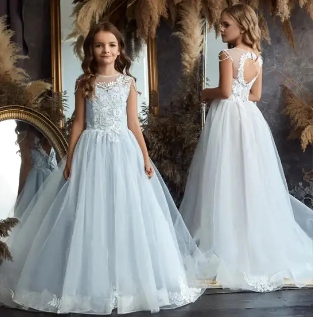 

Sky Blue Flower Girl Dresses For Weddings A-line Scoop Tulle Lace Long First Communion Dresses Little Baby Kids