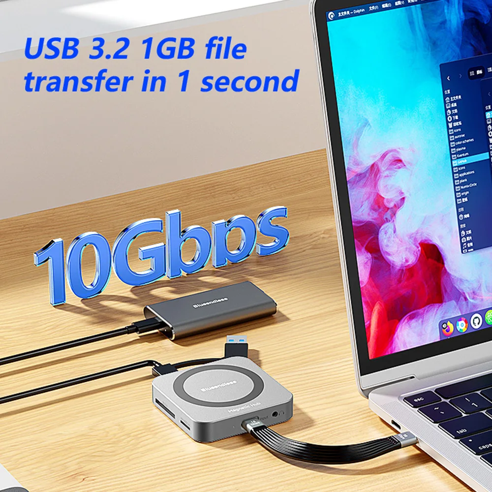 10Gbps M.2 마그네틱 SSD 인클로저 도킹 스테이션 타입-C USB3.2 스플리터 8in1 NVME 카드 리더 4K HDMI 아이폰 17/16/15 Pro용