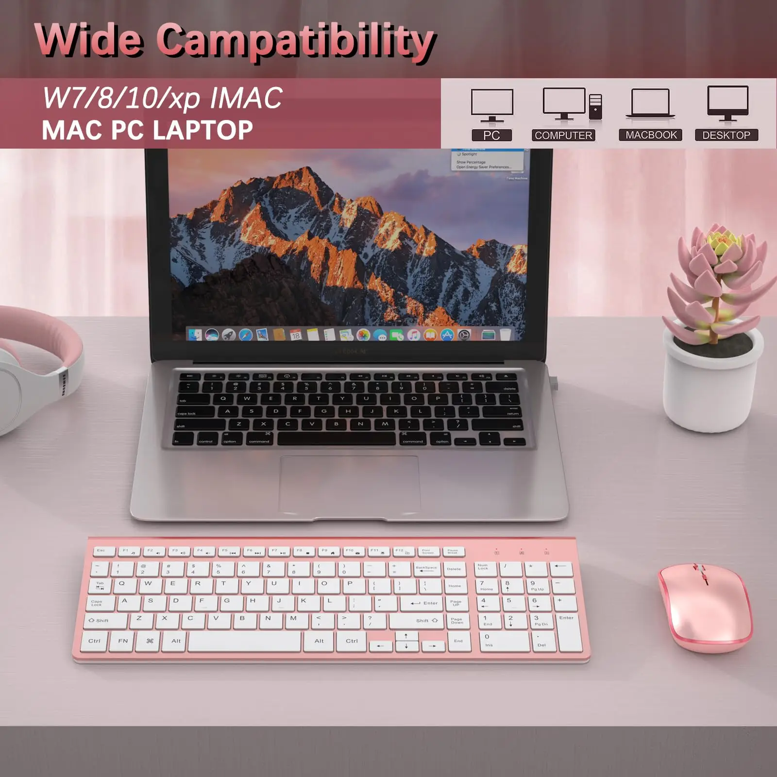 Teclado sem Fio Portátil e Mouse 2.4g Tamanho Completo Teclado Numérico Computador Desktop Laptop Rosa - Imagem 3