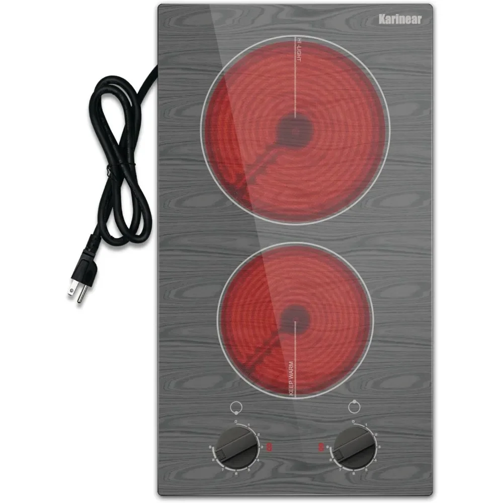 10v Portable Electric Stove Top with Knob, Glass Cooktop, Beautiful Woodgrain Pattern, Bui