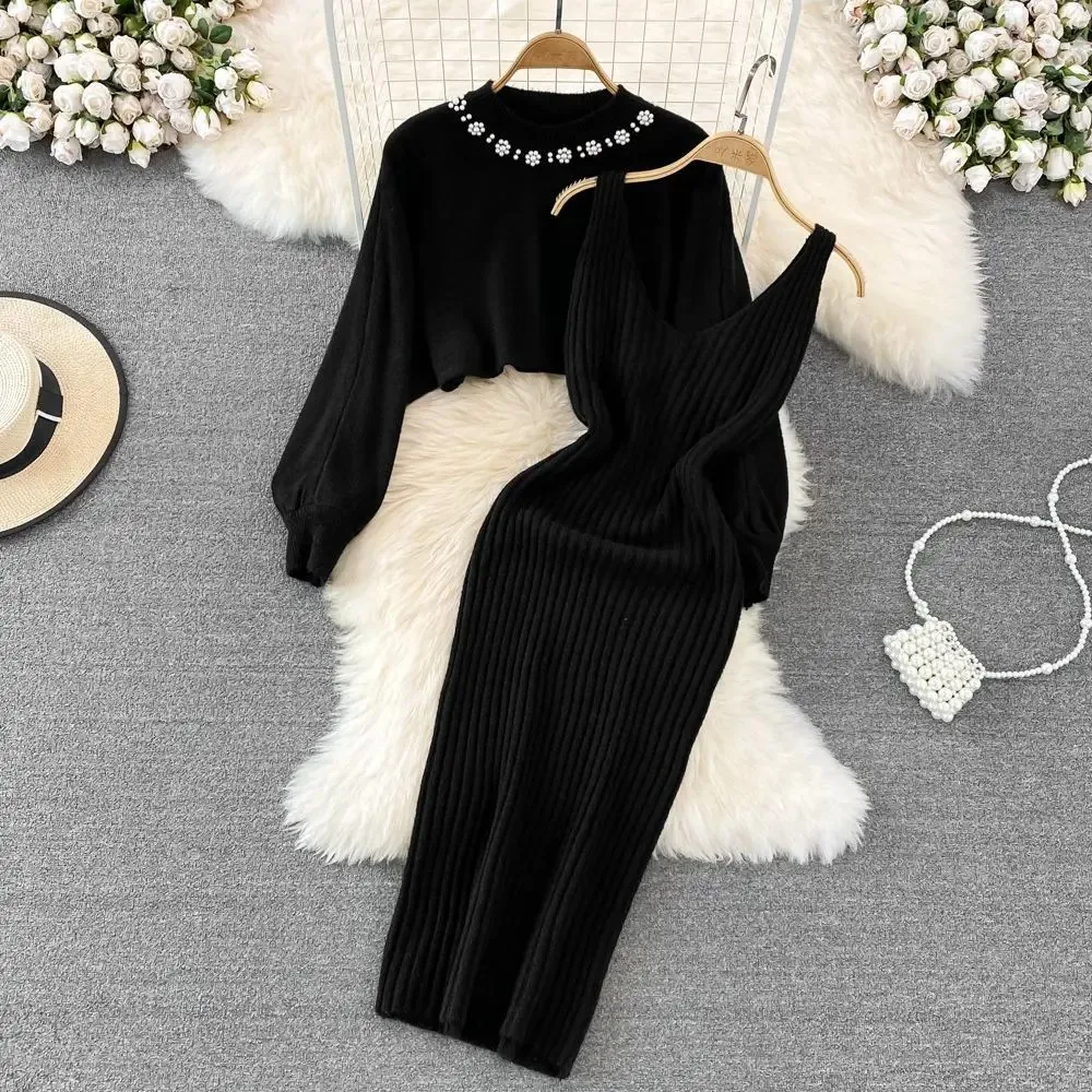 Women Sweater Midi Dress Set Casual Pullovers Suits Autumn Winter O-neck Long Sleeve Knitted Solid Slim Elegance Tops Elastic