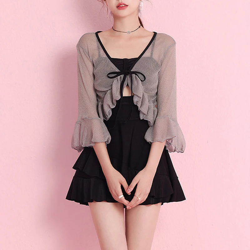 2023 New Summer Women Y2K Lace Up Ruffle Fairy Sweet Sexy Hollow Slim Bikini Mini Dress Cover-up Swimwear Set Beach Bathing Suit