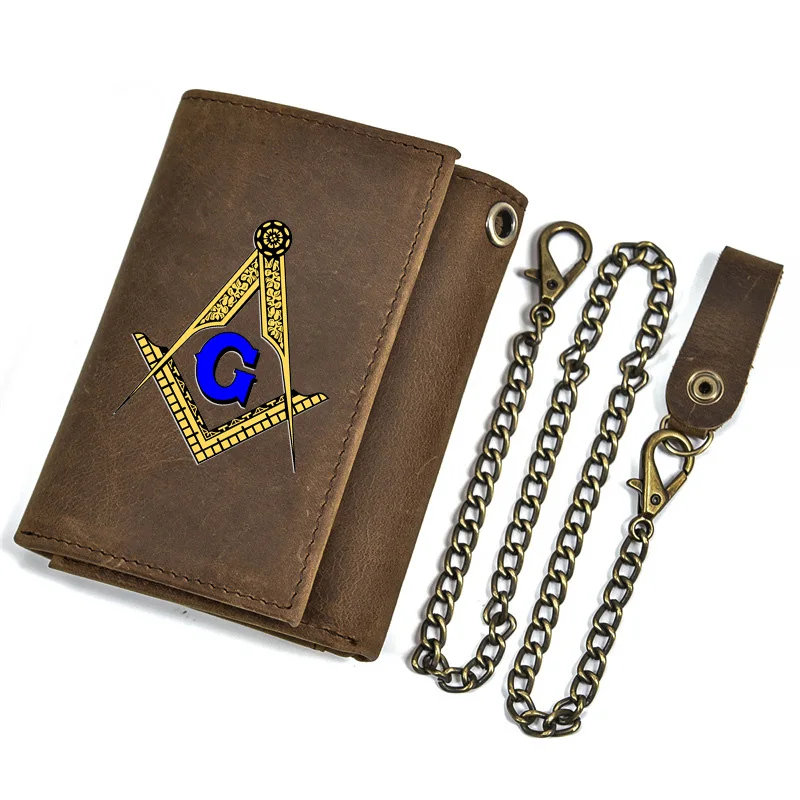 Luxury Men Genuine Leather Wallet With Iron Chain Masonic Symbol Printing Card Holder Short Purse Key Bag BT064