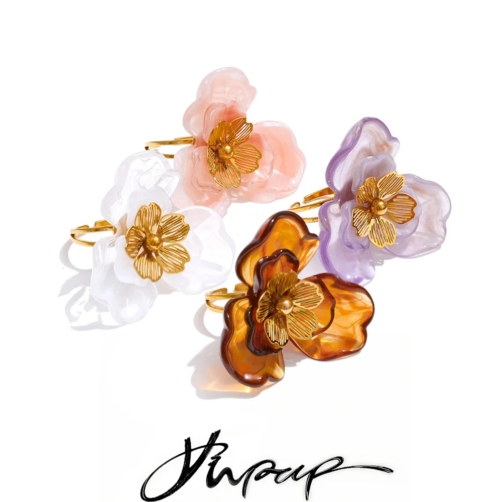 Yhpup Stainless Steel Resin Flower Adjustable Finger Ring