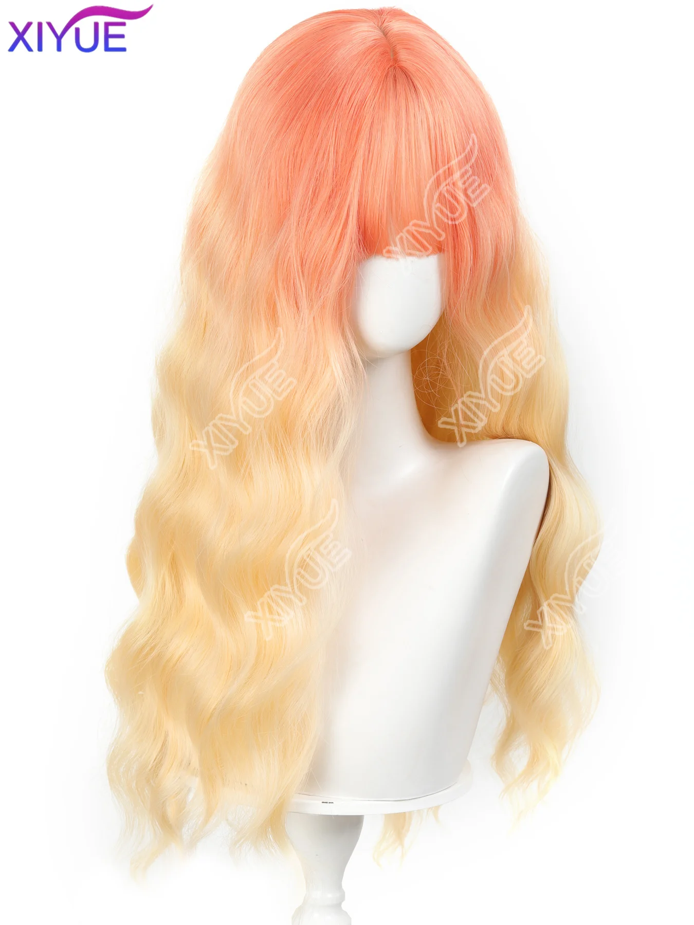 XIYUE Orange Yellow Ombre Synthetic Hair Wig for Women with Bangs Long Wavy Natural Look Daily Cosplay Halloween Women's