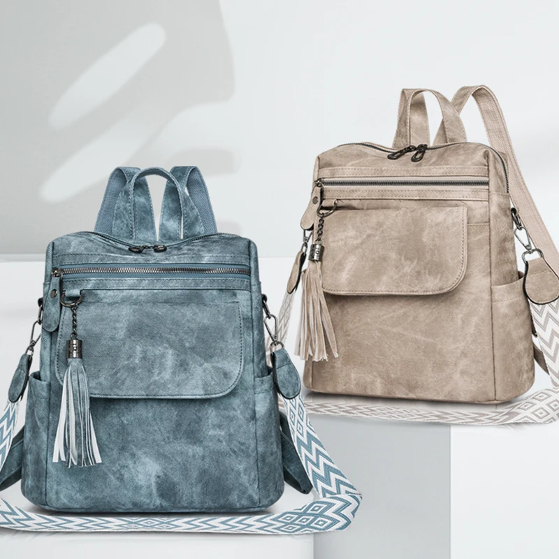 Retro women's backpack, multi compartment, tassel style, suitable for daily work and travel, multifunctional shoulder bag