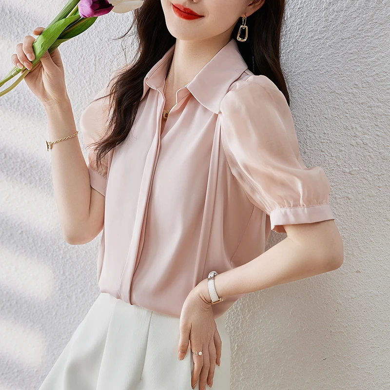 

Korean Offiec Ladies Fashion Pink Turn-down Collar Shirt 2023 New Summer Satin Bubble Sleeve Blouses Women Elegant Blouse Top