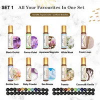 10pcs/set Aromatherapy Oil Roll-On White Musk Coconut Vanilla Sea Breeze Baby Powder Fresh Linen Bubble Gum Black Orchid Freesia