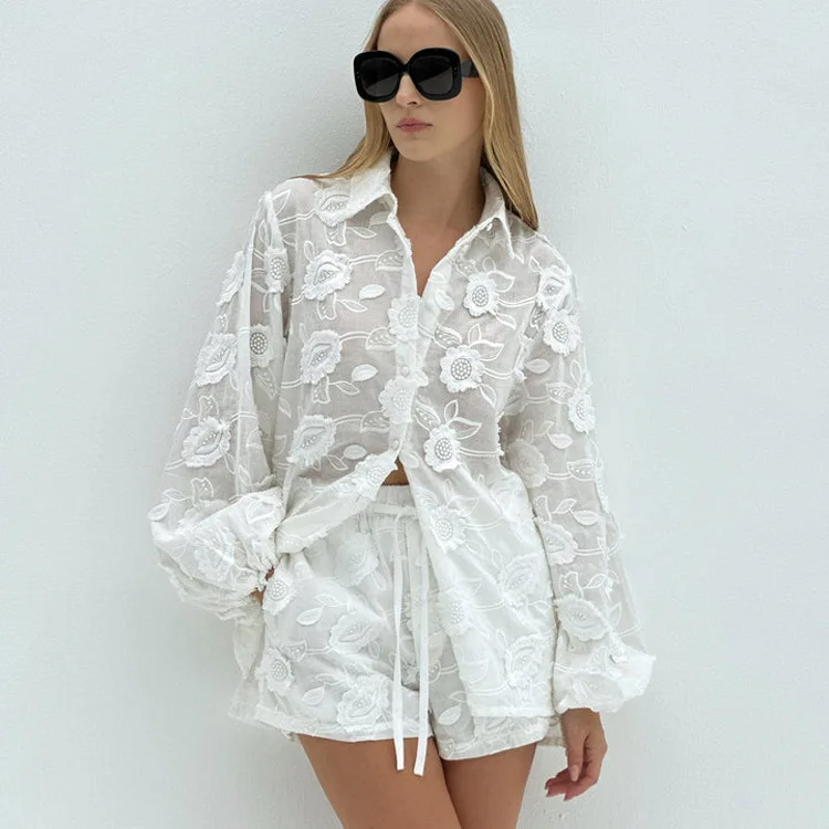 Printed See-Through Sexy Outfits Female Patchwork Cardigan Shirts And Lace-Up High Waist Shorts Sets Autumn 2 Piece-Set