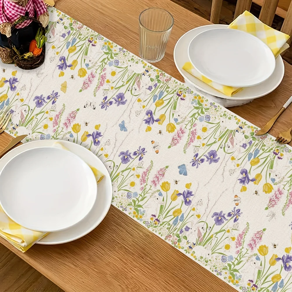 Happy Easter Theme Bunny Linen Table Runner Holiday Party Decor Spring Watercolor Wildflowers Plants Table Runners Table Decor 3