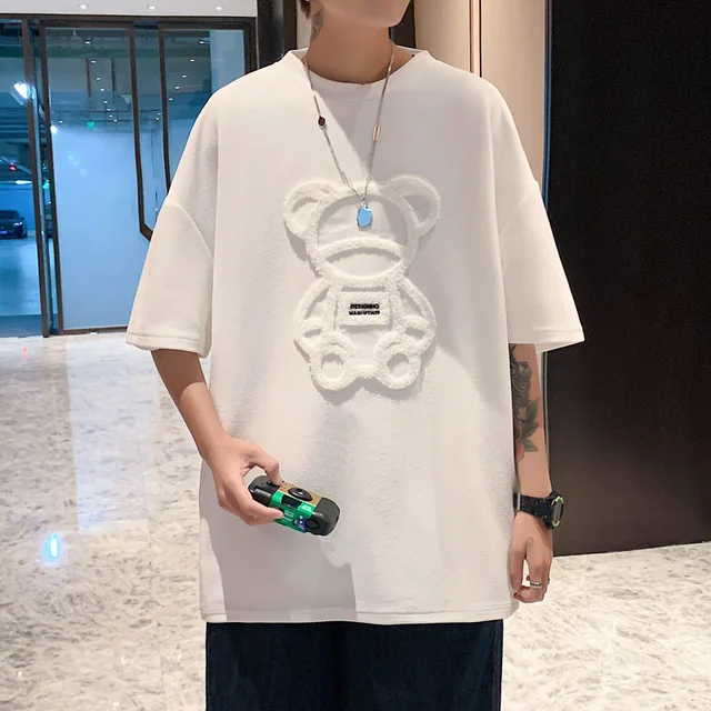 Privathinker Flock Printing Bear Men's T-shirt Short Sleeve Oversized Brand Male Tops Summer Casual Unisex Tees Korean Clothing 4