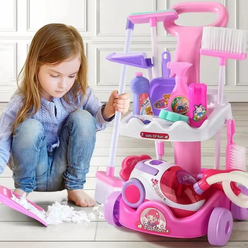Simulation Cleaning Tool Sweeping Toy Vacuum Cleaner Cleaning Kit Tool Trolley Baby Play House Gifts for Girls Housework Toys
