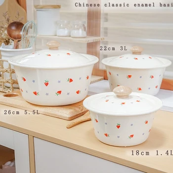 Tureen 가정용 주방용품, 주방용 대용량 야채 냄비, 뚜껑이 달린 귀여운 딸기 인쇄 조리기구, 에나멜 식기