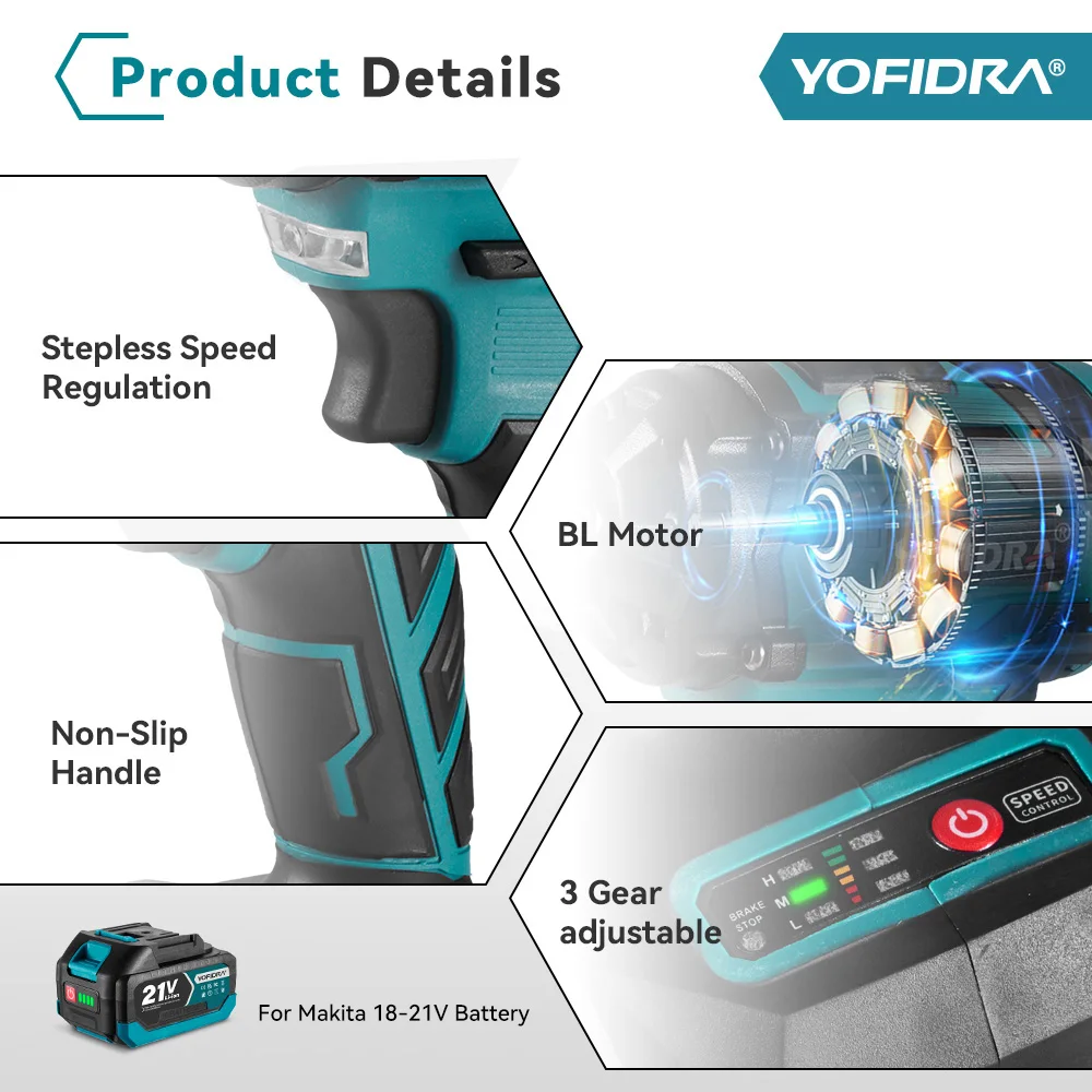 Llave de impacto eléctrica YOFIDRA de 1000 N·m, 3 velocidades, 1/2 pulgada, destornillador eléctrico inalámbrico. - Imagen 4