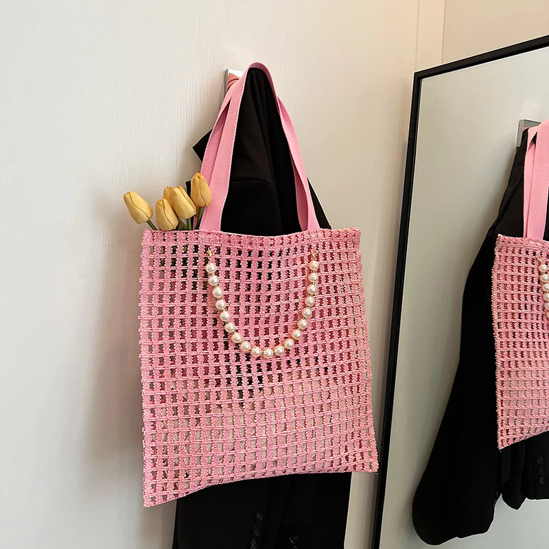 Crochet Tote Bag for Women Mesh Knit Shoulder Bag Large Capacity Handbag Solid Color Hobo Bag for Travel Vacation
