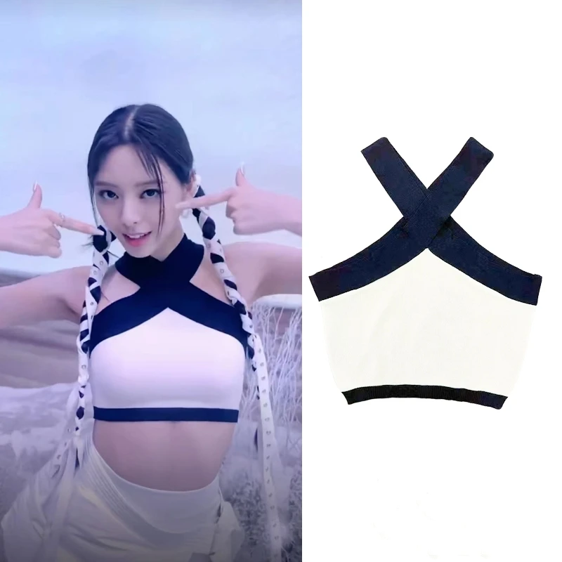 Kpop Korea Sexy Cross Vest Crop Tops Women Nightclub Knitted Off