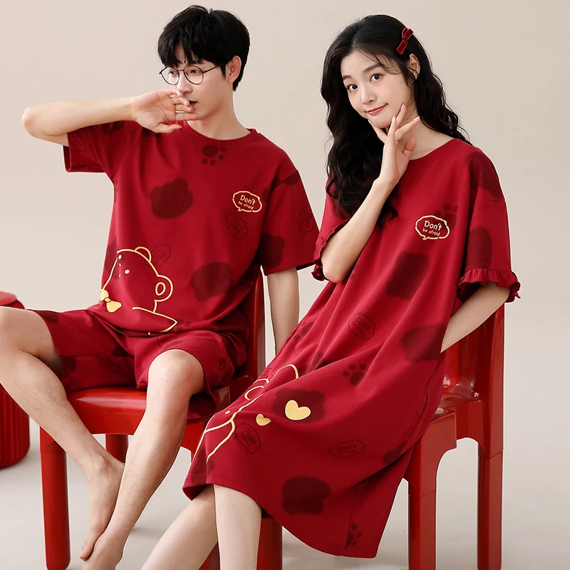 Summer Couple Cute Cartoon Pajama Set Men Cotton Short Sleeve Pyjamas Sexy Women Nightgown
