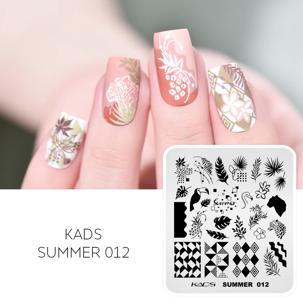 KADS Summer 012 Nail Stamping Plate Leaves Dots Squares Geometric Lines Parrot Patterns Nail Art Stamping Template Manicure Tool 2