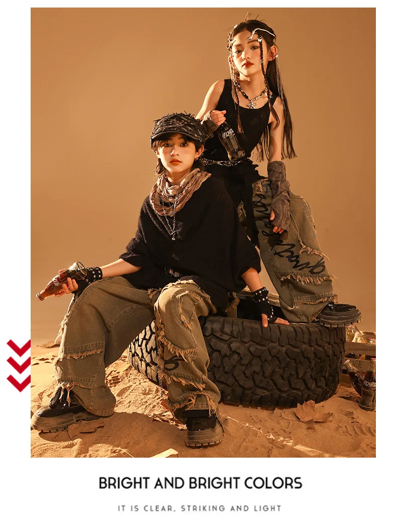Girls Wasteland Street Dance Knitted Tank Top Jeans Boys Hip Hop Hoodies Clothes Sets Kids Jazz Costume Children Punk Streetwear S588e90eccd644d44b7b84a4cb57e5160z